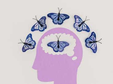 Illustration of a Head and Butterflies Around the Scalp and Inside the Brain